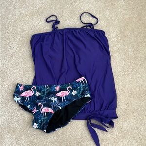 EUC Purple Tankini Top with Flamingo Print Bottoms
